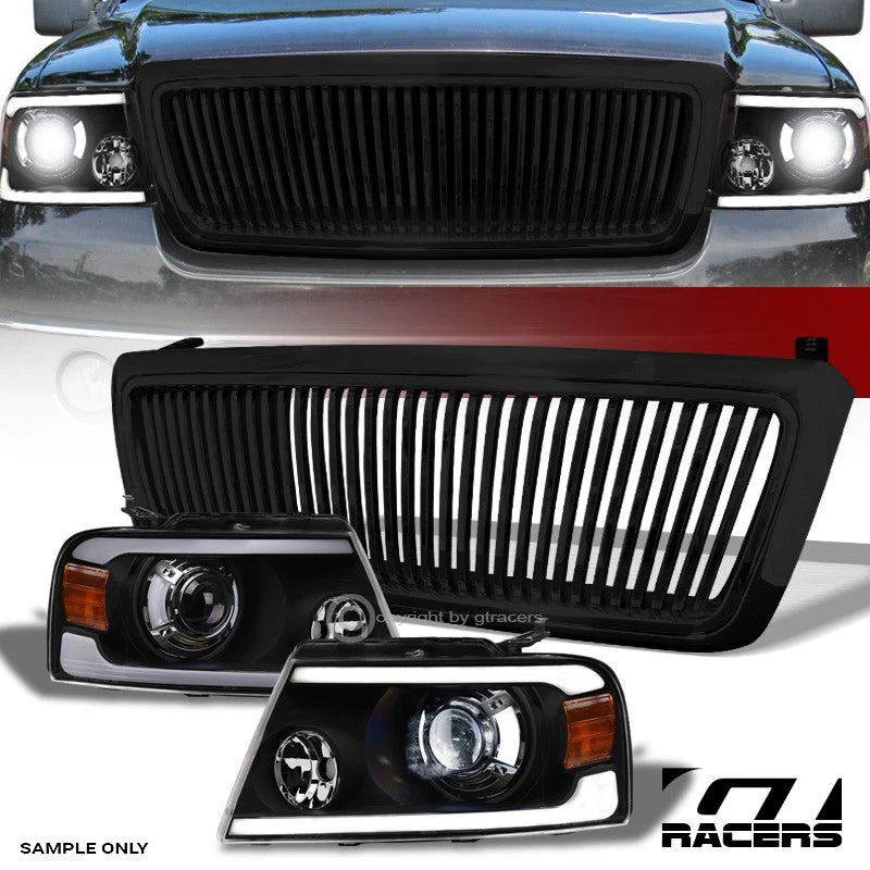 2004-2008 F150 Blk Full LED Tube Bar Projector Headlights Am+Vertical Grille