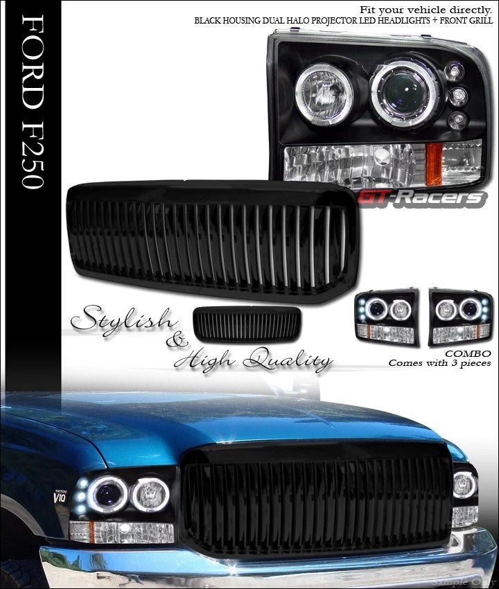 Black Halo Led Projector Headlights+Vertical Grille 1999-2004 F250/Excursion