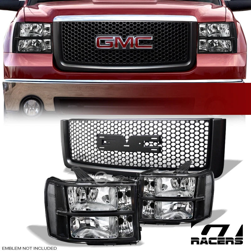 2007-2013 GMC Sierra 1500 Blk Headlights Signal+Round Hole Mesh Front Grille