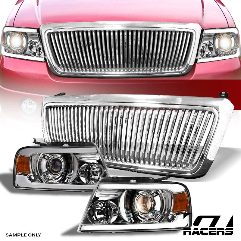 2004-2008 F150 Chrome LED Tube Bar Projector Headlights Amber+Vertical Grill