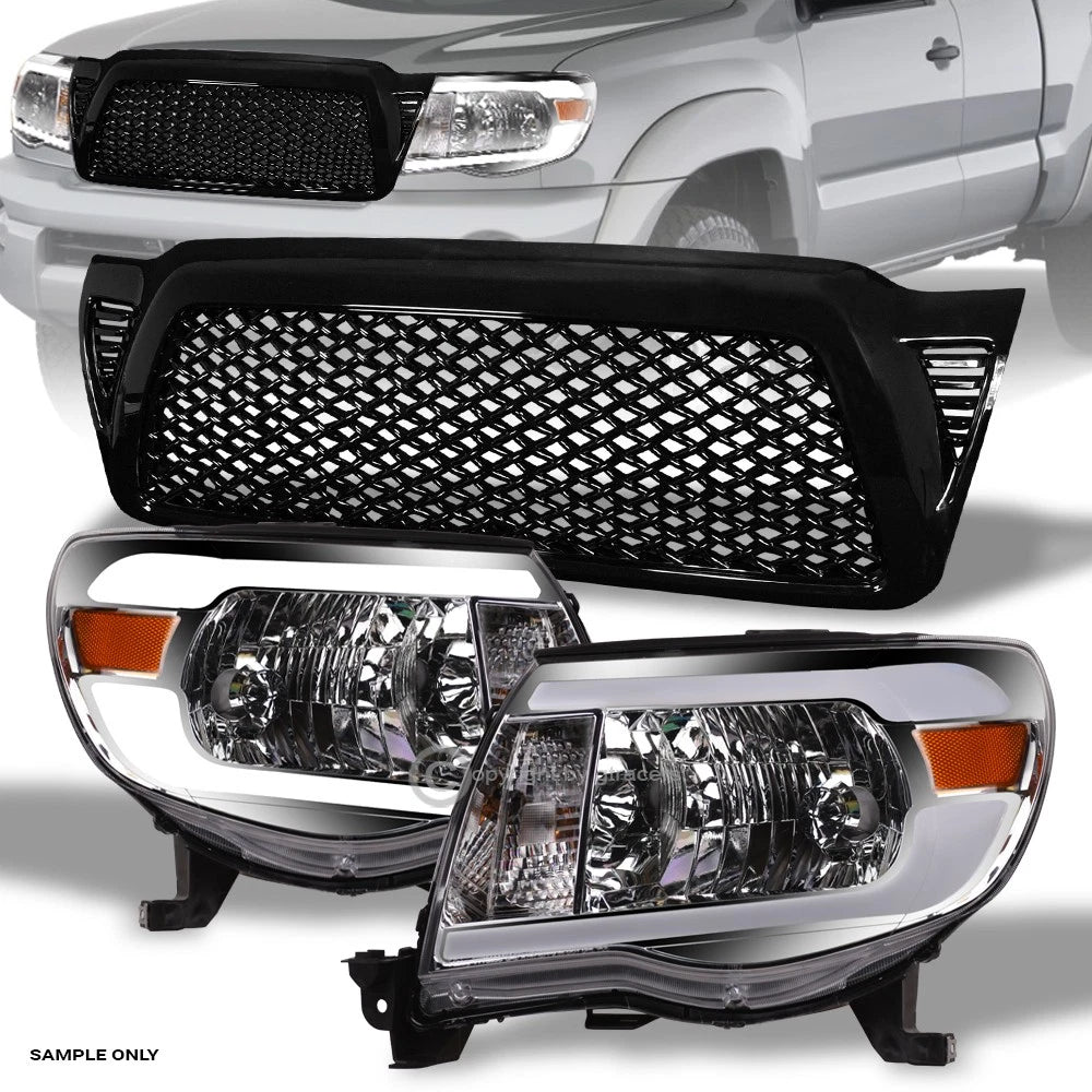 2005-2011 Toyota Tacoma Chrome LED Tube Bar Headlights Amber+Blk Mesh Grille
