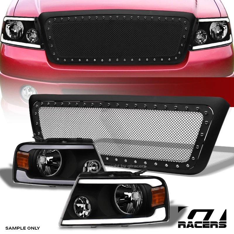 2004-2008 F150 Black LED Bar Headlights Amber+Matte Rivet Bolt Mesh Grille