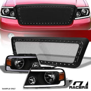 2004-2008 F150 Black LED Bar Headlights Amber+Matte Rivet Bolt Mesh Grille