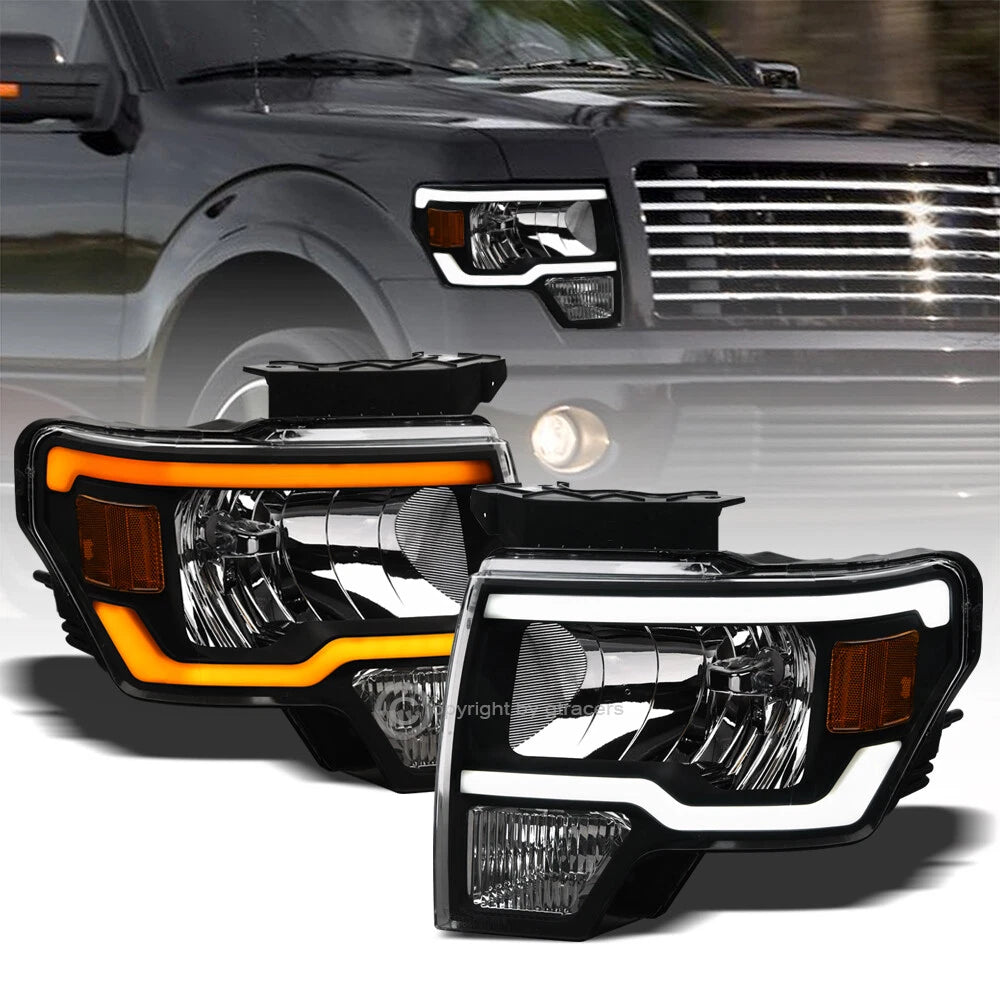 Switchback Sequential 2009-2014 Ford F150 Blk Headlights w/DRL LED Tube Bar