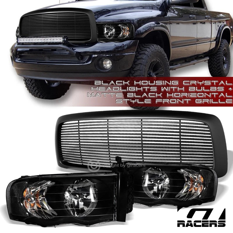 Black Clear Headlights Nb+Matte Blk Horizontal Front Grille 02-05 Dodge Ram