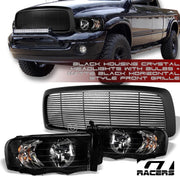 Black Clear Headlights Nb+Matte Blk Horizontal Front Grille 02-05 Dodge Ram