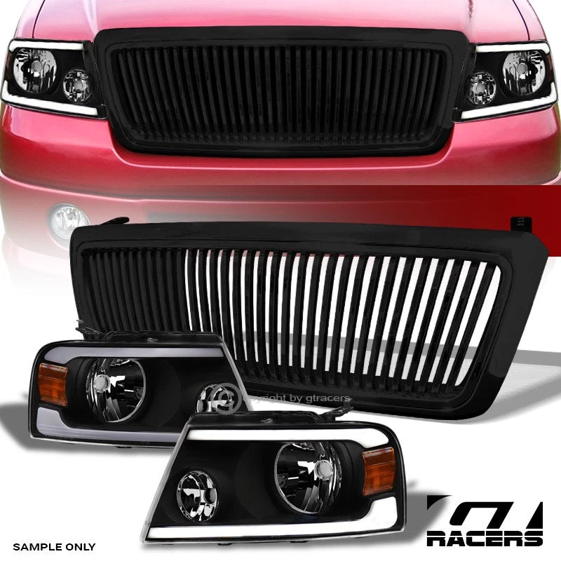 2004-2008 Ford F150 Blk LED Tube Bar Headlights Signal Amber+Vertical Grille