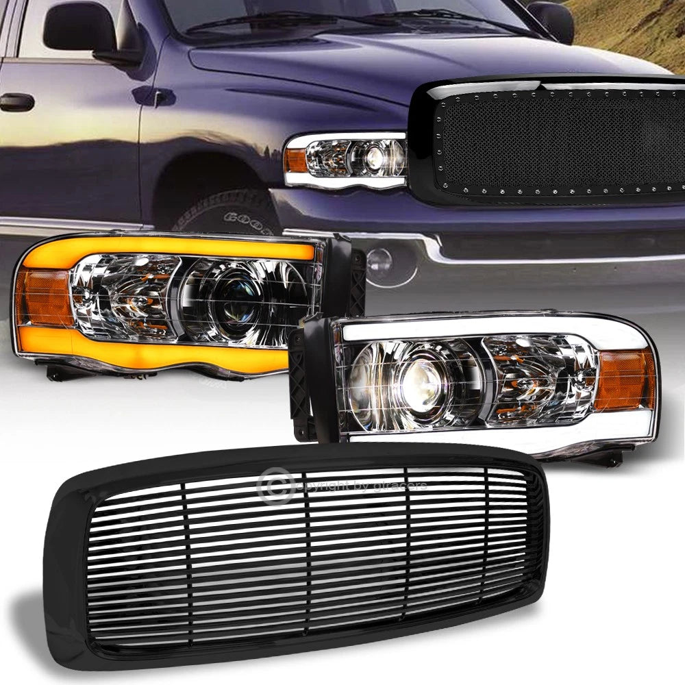 Switchback Sequential 02-05 Ram Chrome LED Tube Pro Headlights+Blk H Grille
