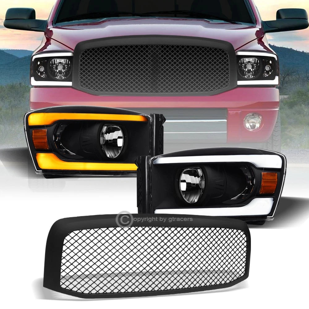 Switchback Sequential 06-09 Ram Black LED Headlights Amber+Matte Mesh Grille