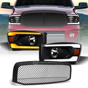 Switchback Sequential 06-09 Ram Black LED Headlights Amber+Matte Mesh Grille