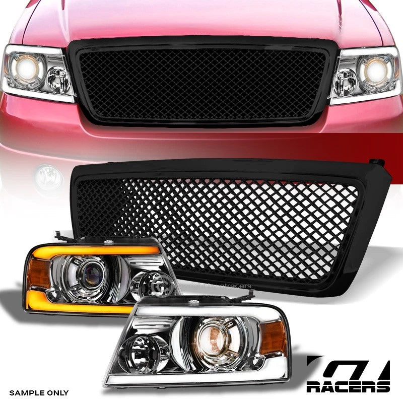 04-08 F150 Chrome Sequential LED Tube Projector Headlights A+Blk Mesh Grille