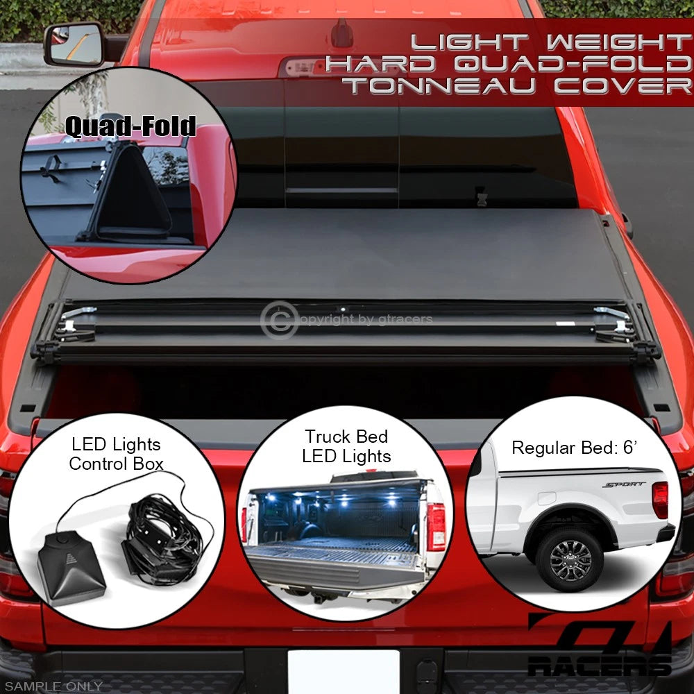 2019-2023 Ford Ranger 6' Bed Lightweight Hard Quad 4-Fold Tonneau Cover+LED
