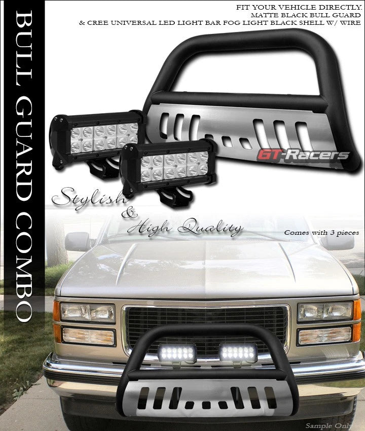 1988-2000 Chevy C10 C/K Matte Blk/SS Skid Bull Bar Guard+36W CREE LED Lights
